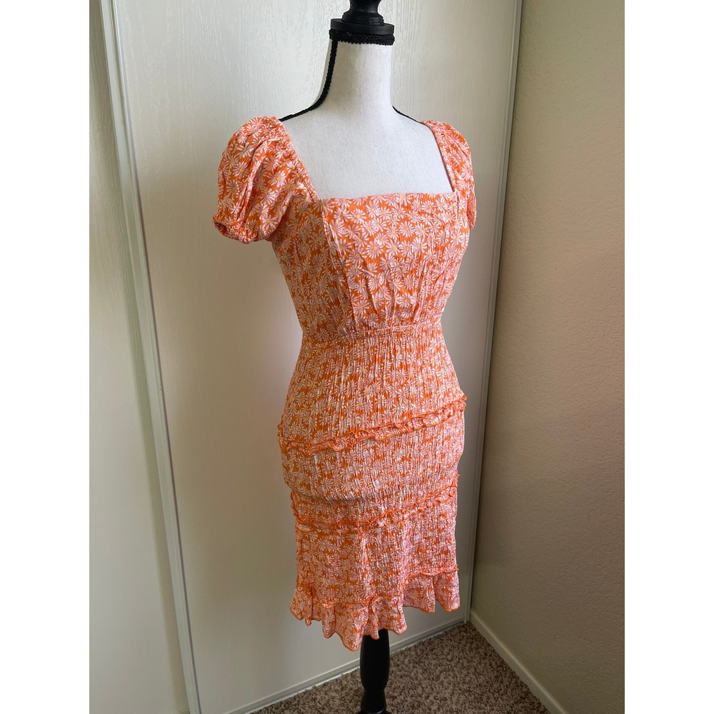 Sim & Sam Womens Small Dress Orange Daisy Floral Smocked Puff Sleeve Mini